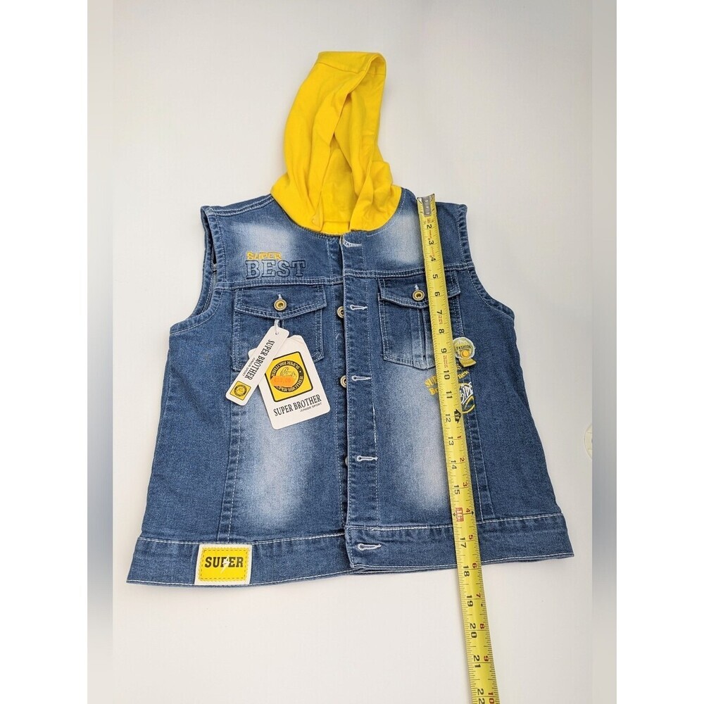 NWT Kids (Size 12Y) Distressed Denim Vest w/Yellow Jersey Hood & Patch Details - Picture 7 of 10